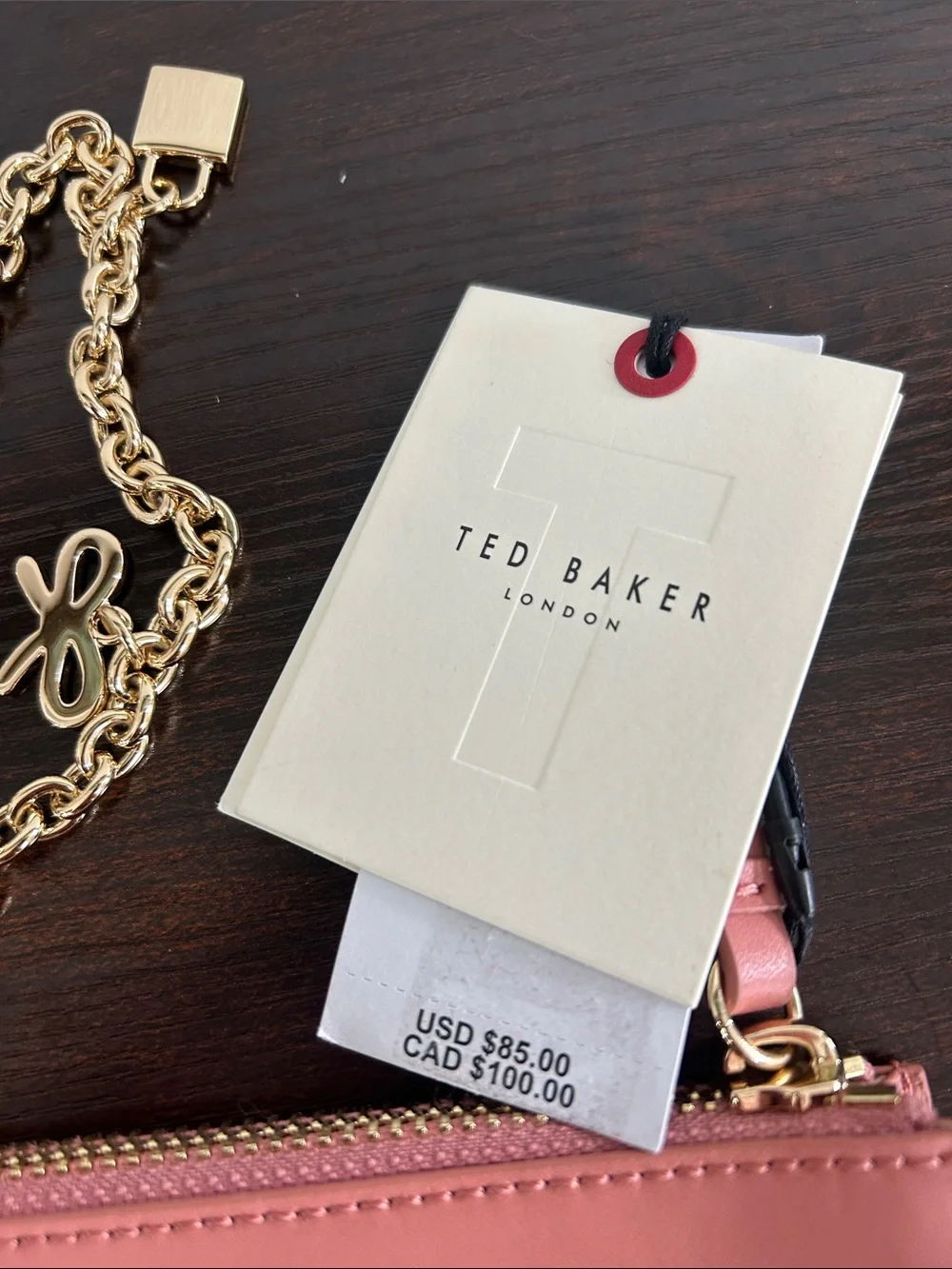 Ted Baker Coral Pink Card Holder with Gold Chain Wristlet - Picture 4 of 6